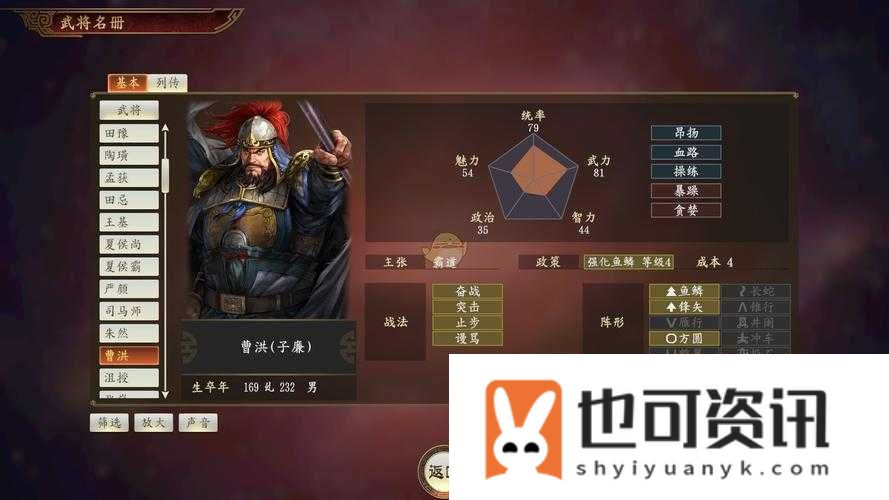 三国志13曹洪武将介绍及数据技能一览